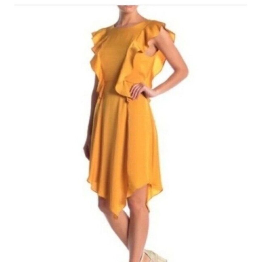 BCBGeneration NEW Yellow Ruffled Satin Asymmetrical Hem Backless Dress Size 4